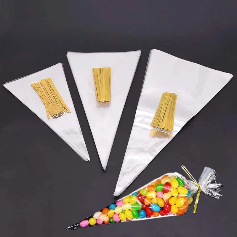 50pcs/lot Clear Cone Candy Storage Bags Cones Transprant Plastic Bag Popcorn Candy Bags For Baby Shower Wedding Party Favors Bag
