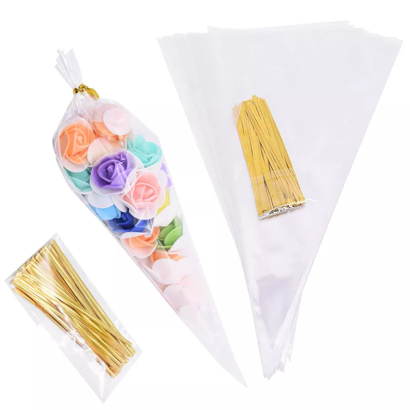 50pcs/lot Clear Cone Candy Storage Bags Cones Transprant Plastic Bag Popcorn Candy Bags For Baby Shower Wedding Party Favors Bag