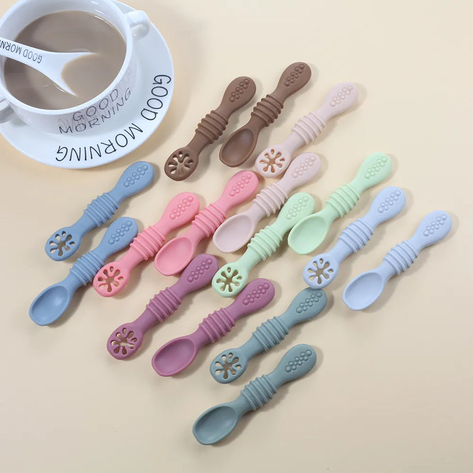 2PCS Cute Baby Learning Spoons Utensils Set Food Grade Silicone Sticky Spoon Children Cutlery Training Spoon Feeding Tableware