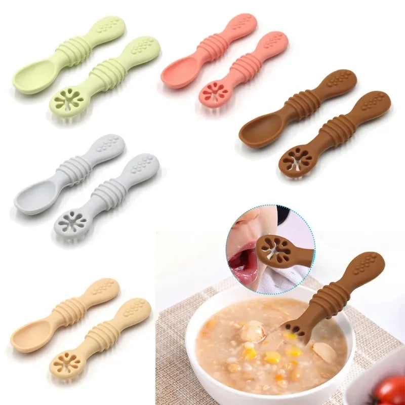 2PCS Cute Baby Learning Spoons Utensils Set Food Grade Silicone Sticky Spoon Children Cutlery Training Spoon Feeding Tableware
